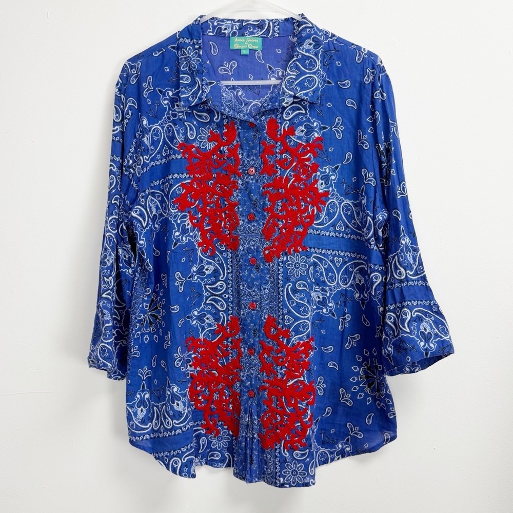 Antica Sartoria Giacomo Cinque Shirt Womens Large Blue Red Button Up Blouse